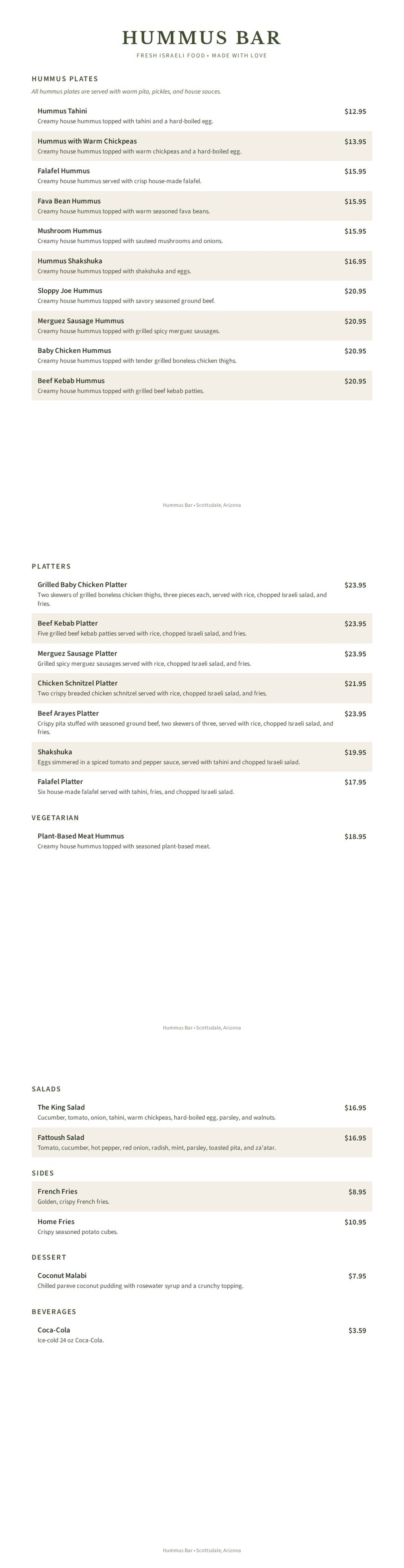 The Hummus Bar paper menu