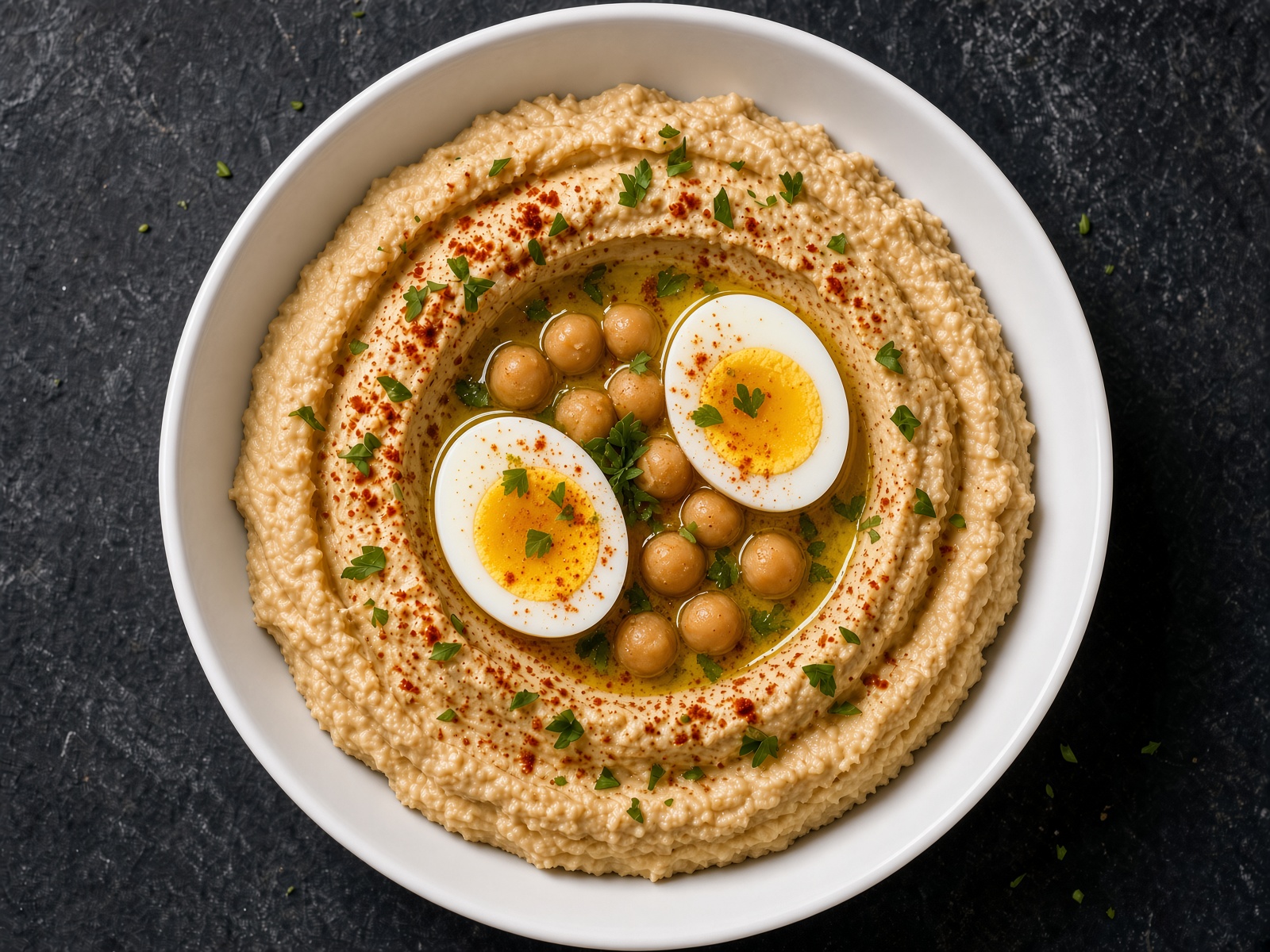 House hummus with olive oil, chickpeas, and pita